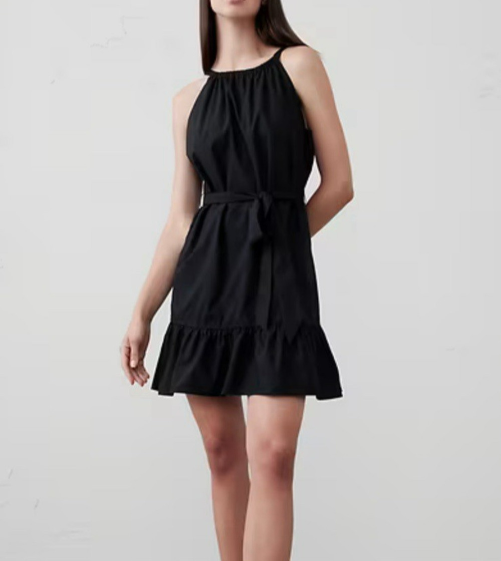 Banana Republic Factory Mini Dress Womens XL Black Poplin Belted Ruffle Hem
